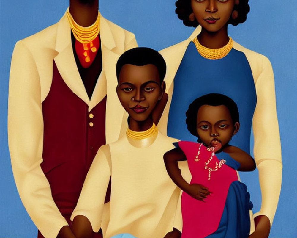Stylized family portrait with rich colors and traditional attire