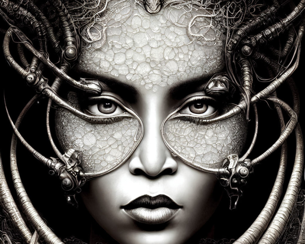 Monochrome artwork of woman's face with metallic adornments in hair.