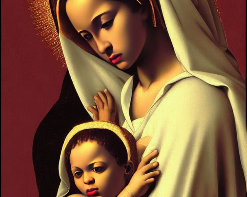 Religious Art: Mary and Baby Jesus with Halos on Red Background