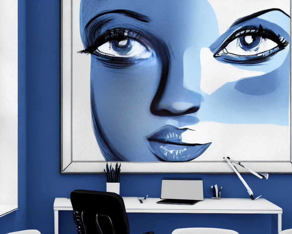 Monochromatic blue woman's face artwork in modern blue room