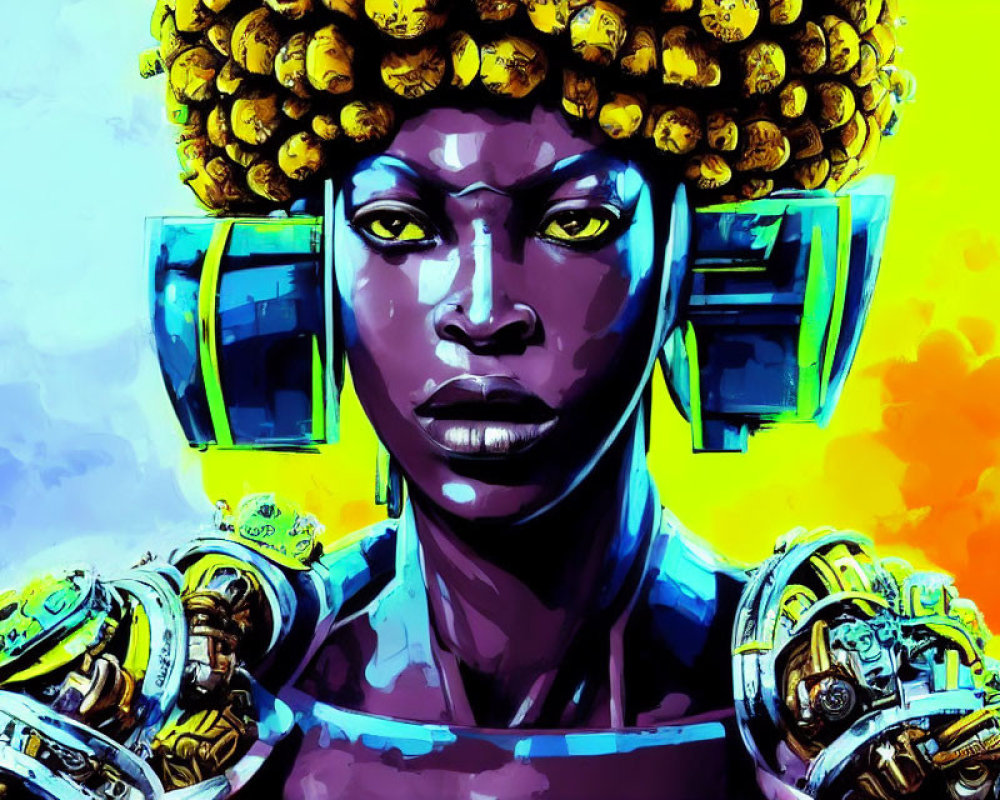 Colorful digital artwork: Woman with golden flower afro, blue skin, futuristic armor, on yellow