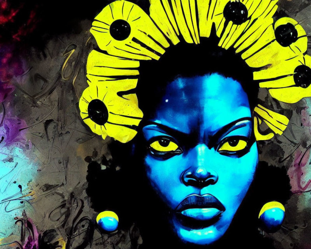 Colorful artwork featuring woman with blue skin and yellow headpiece