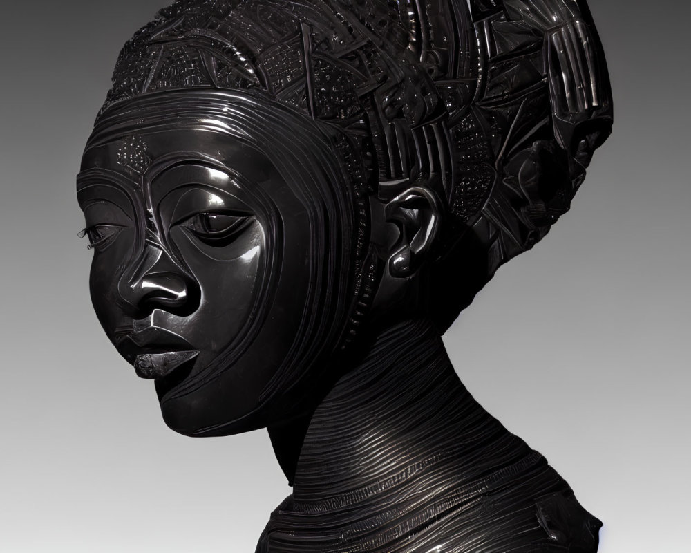 Intricately patterned black sculpture of woman's head and torso on gradient background