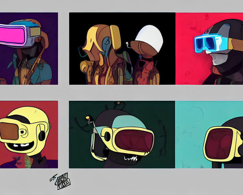 Six stylized character illustrations with VR headsets against colorful backgrounds