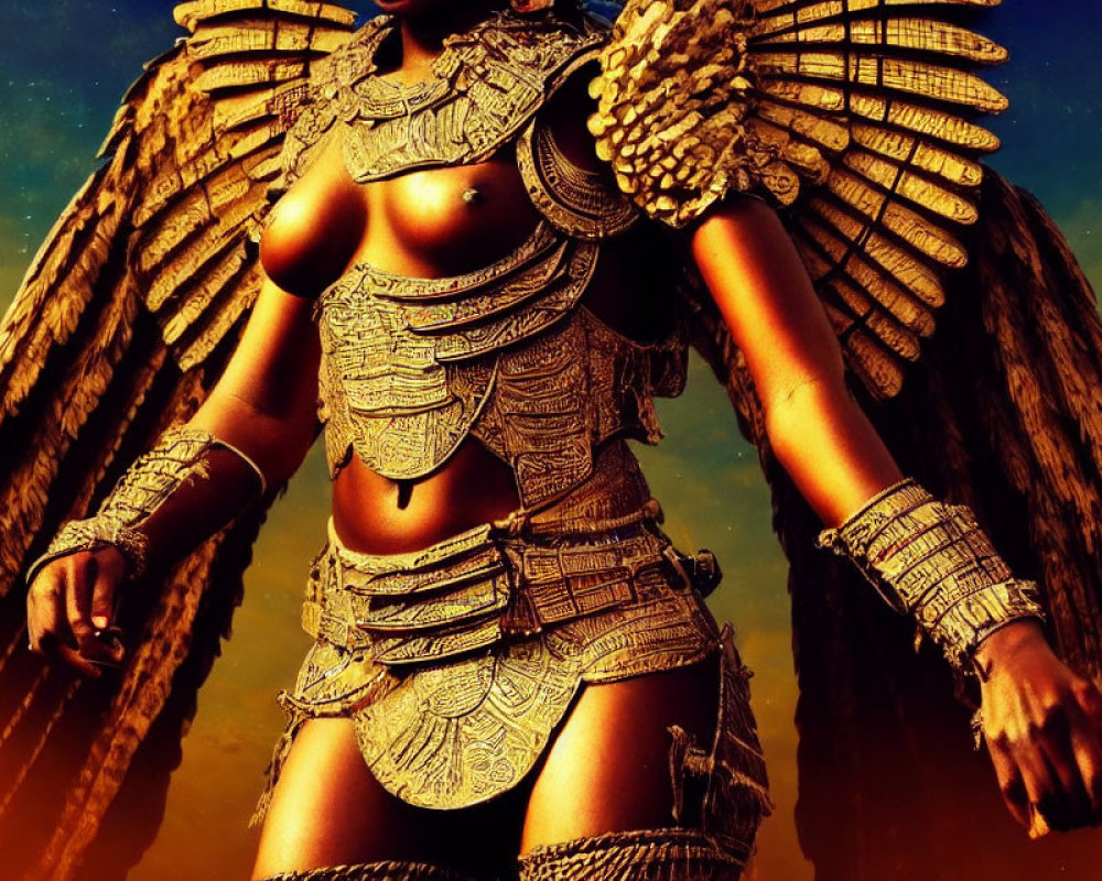 Golden-winged figure in majestic armor under twilight sky