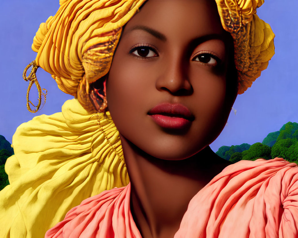 Woman in Yellow Headwrap and Coral Garment on Blue Sky and Green Hills