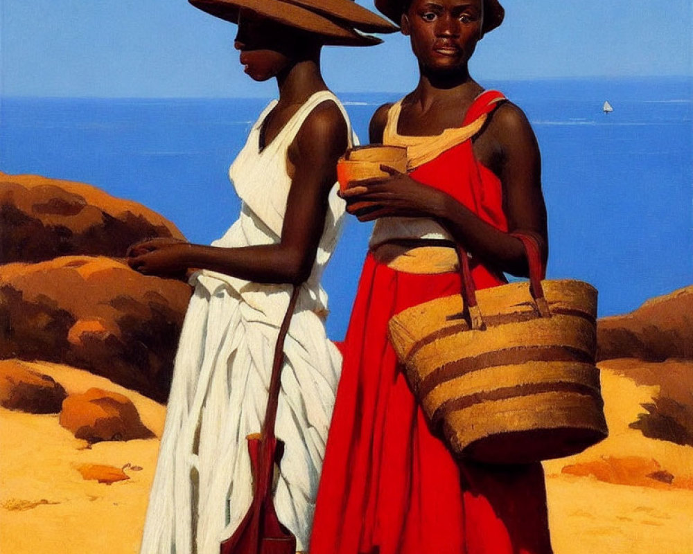 Two women in hats and dresses on seaside cliff with boat in distance, one holding a bowl, other