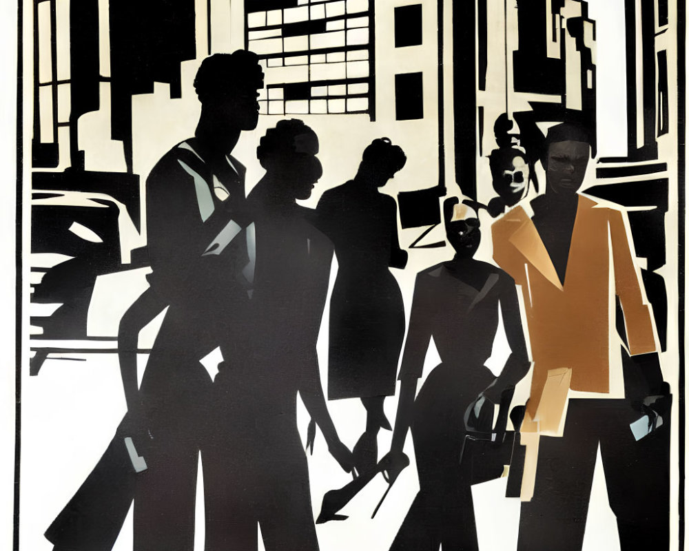 Stylized urban setting with five silhouetted figures.