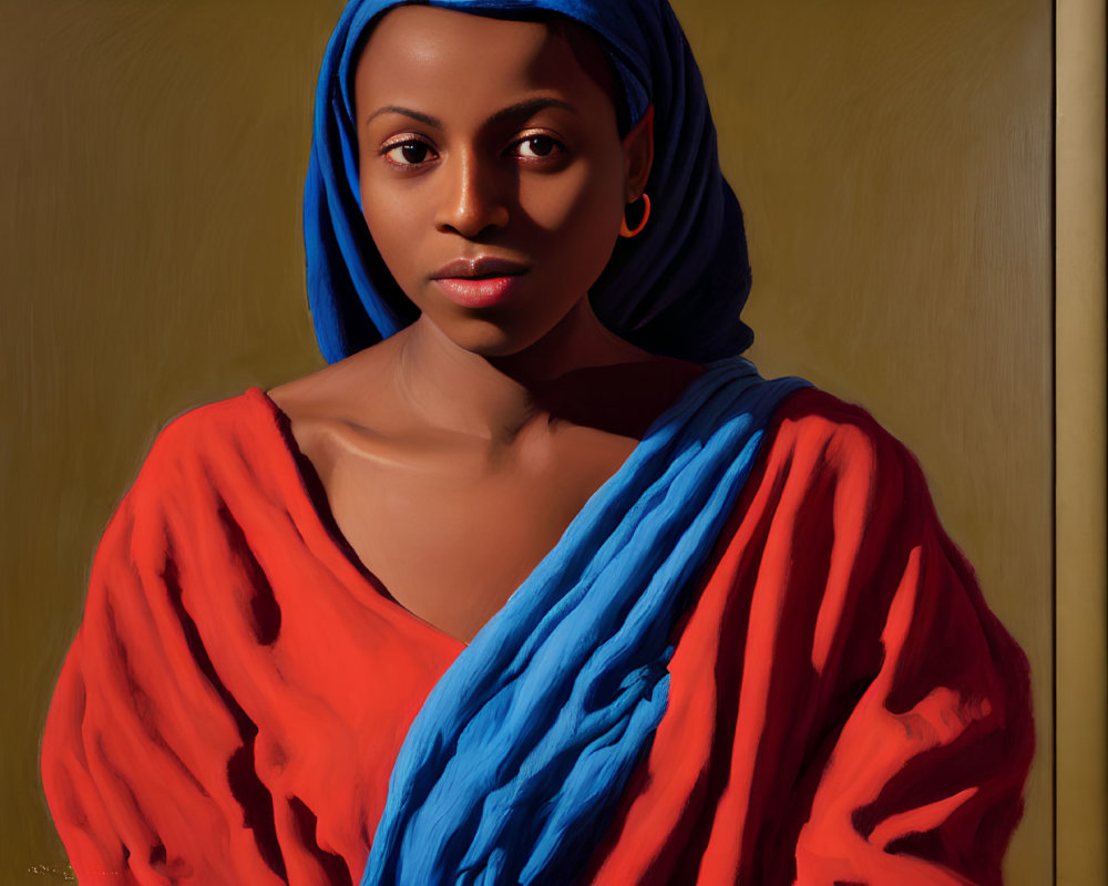 Woman in red garment and blue headscarf on golden background with serene expression