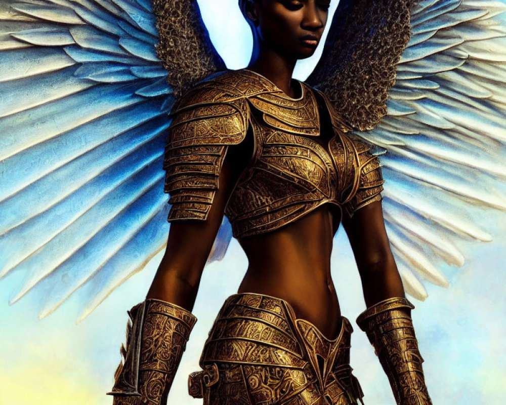 Golden-armored winged figure under sunlit blue sky