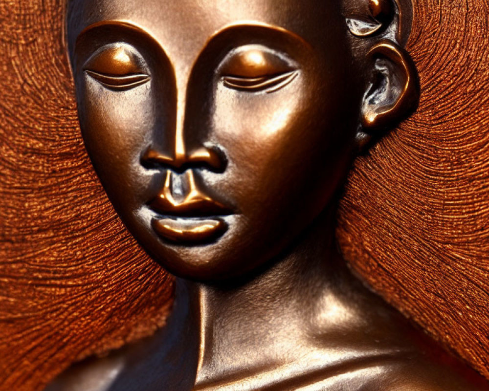Bronze sculpture of serene female face with textured hair in warm sunlight