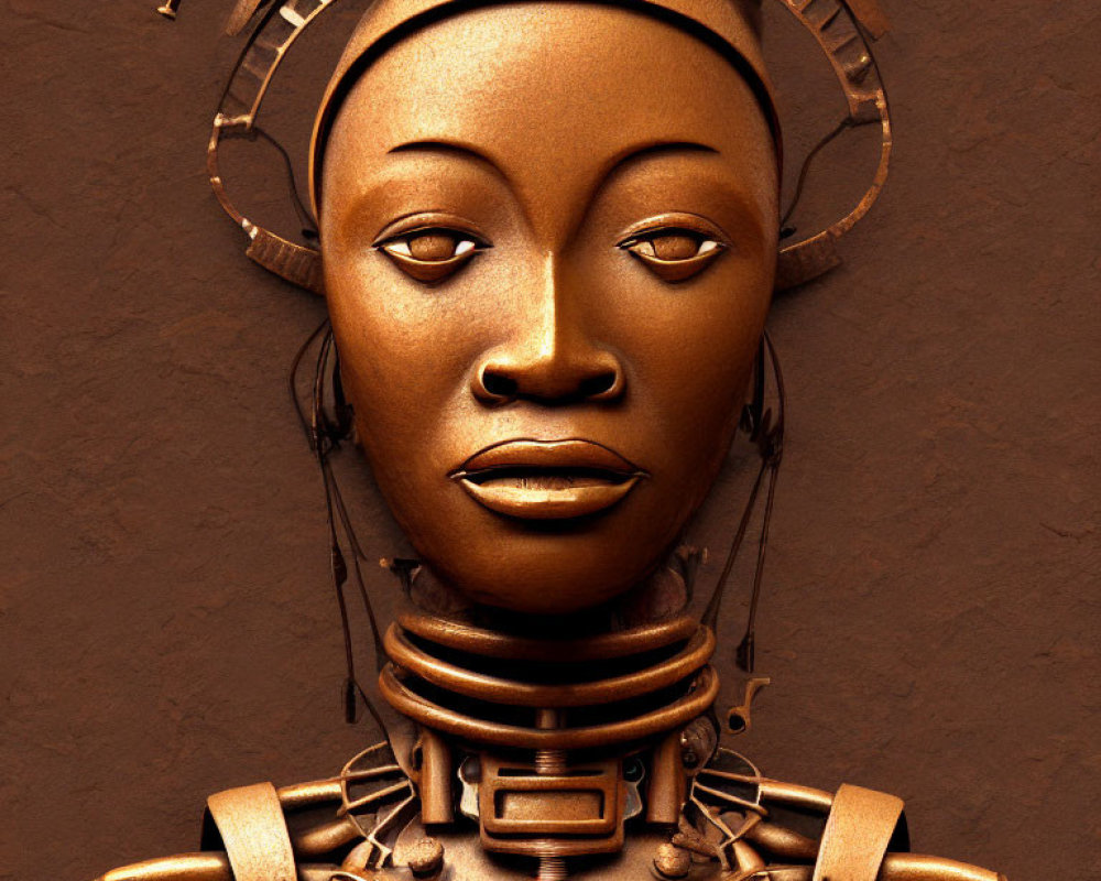 Bronze-toned futuristic robotic figure with detailed feminine face and African-inspired headdress.