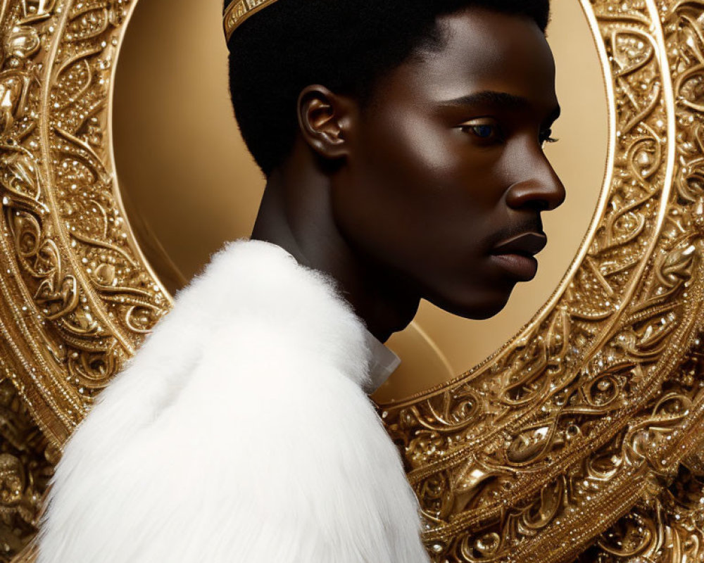 Dark-skinned person in gold tiara and fur garment against ornate golden background