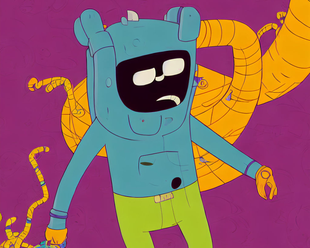 Blue Robot Character with Yellow Arms on Purple Background