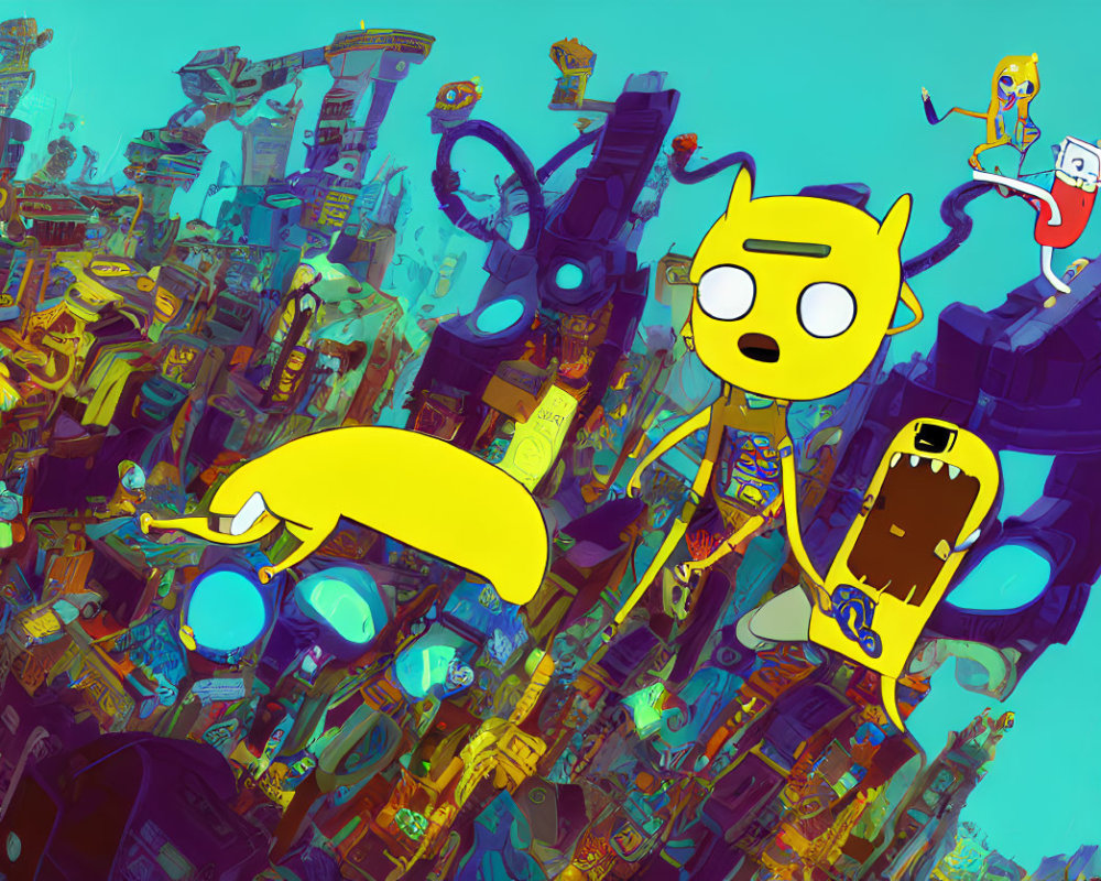 Colorful animated characters float over chaotic futuristic cityscape.