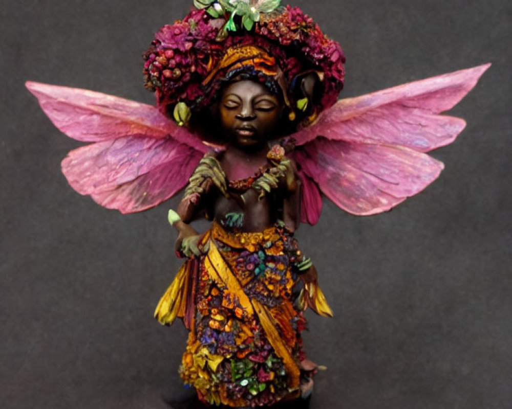 Fantasy fairy figurine with floral hat and dress on dark background