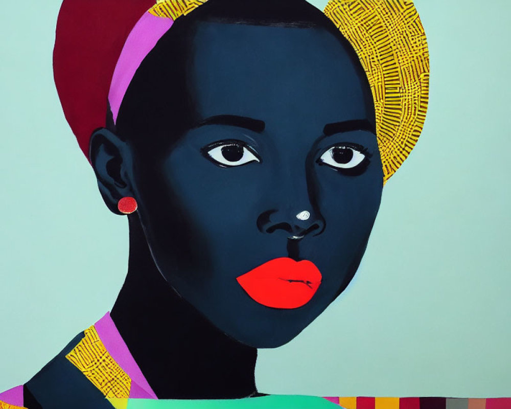 Vibrant pop art portrait of dark-skinned woman with red lips and yellow headpiece