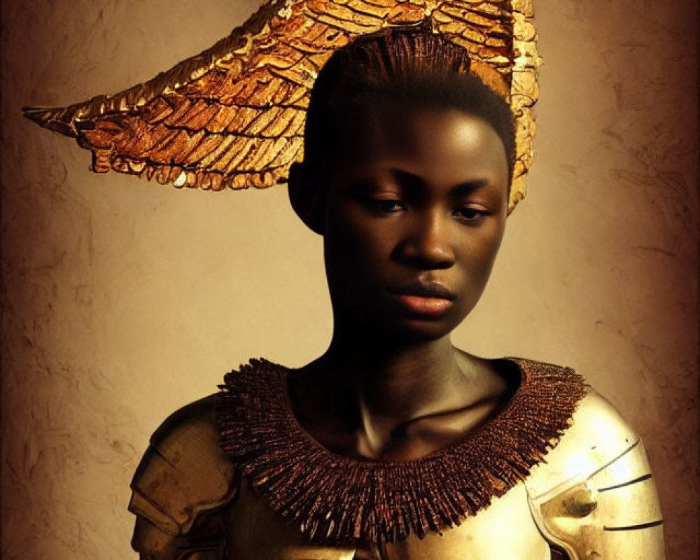 Dark-skinned person in golden armor and majestic headdress with bird feather texture
