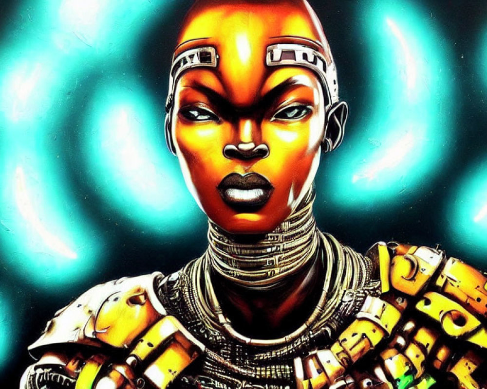 Futuristic African warrior woman in golden armor with face markings