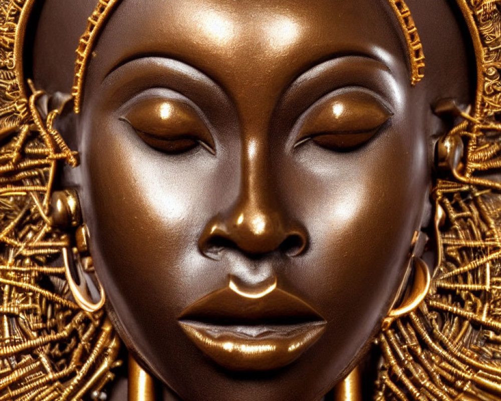 Detailed Metallic Bronze Sculpture of Woman's Face with Ornaments
