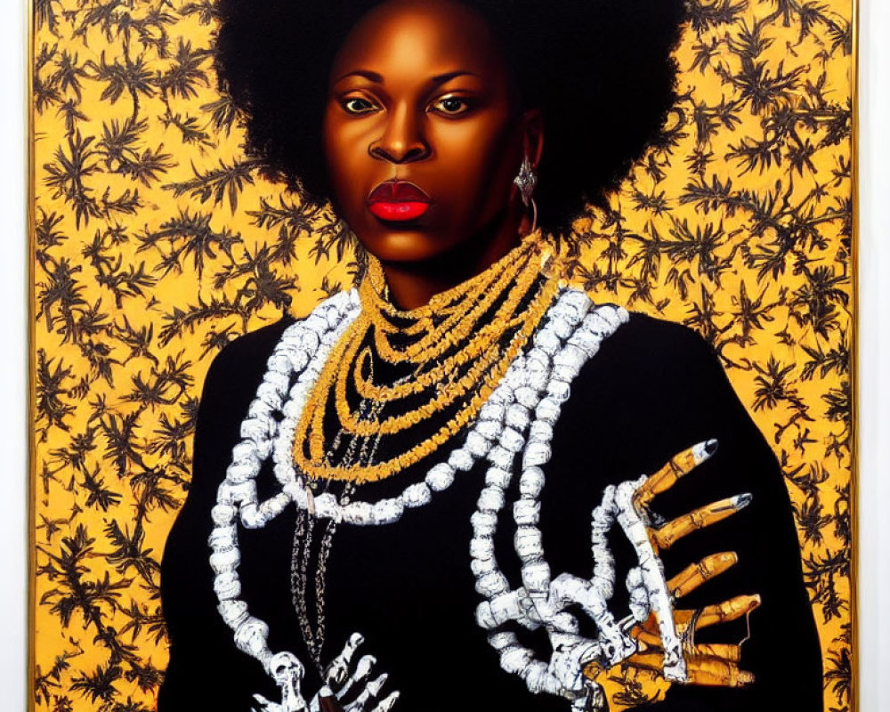 Portrait of woman with afro on yellow background, wearing pearls & black outfit