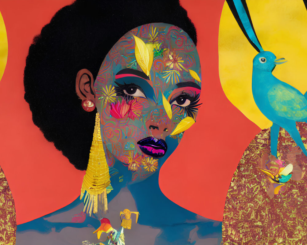 Vibrant woman illustration with patterned face and afro on colorful backdrop