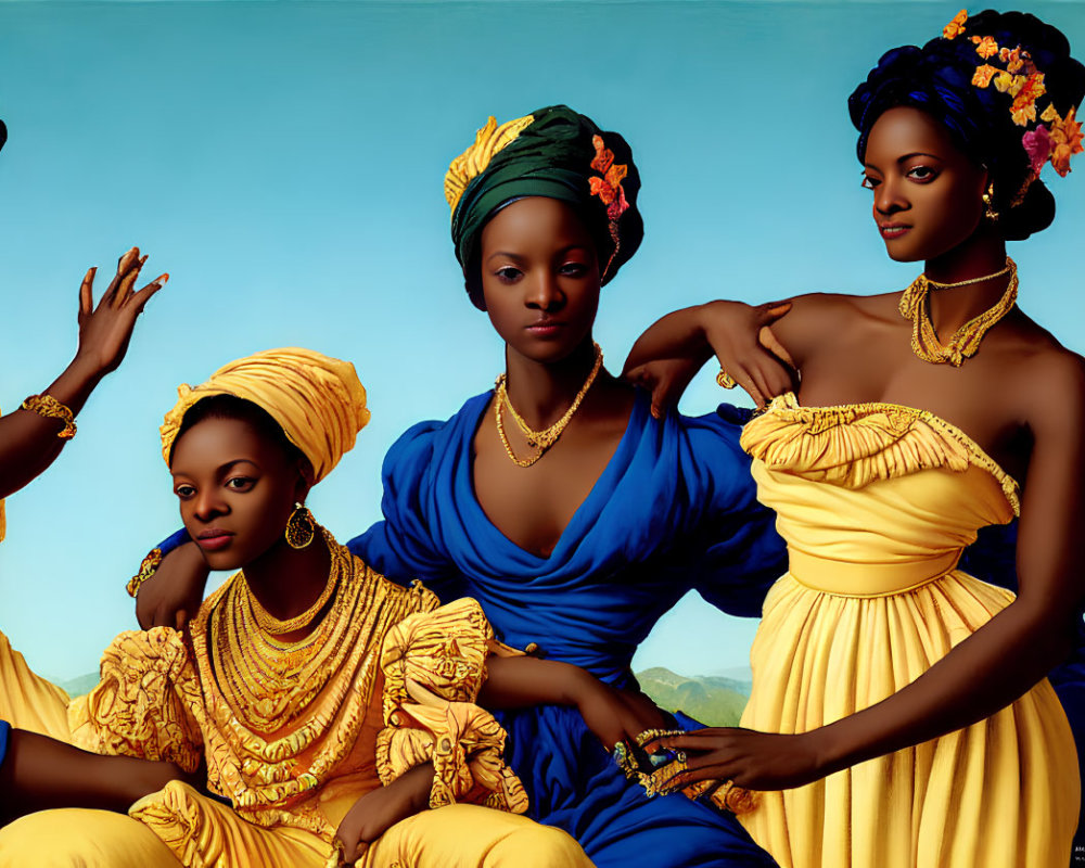 Four women in yellow and blue traditional outfits with golden jewelry, mountains backdrop