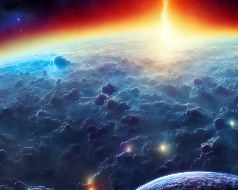 Colorful Space Scene with Rocky Planet and Cosmic Sky