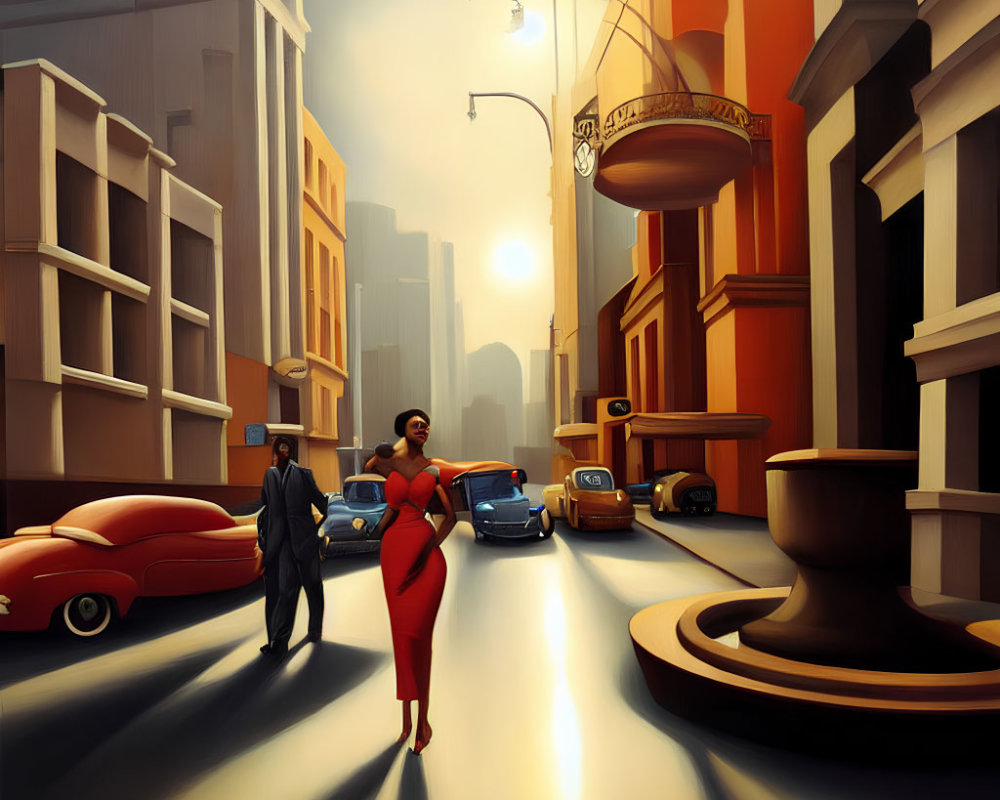 Stylized painting of woman in red dress on vintage city street
