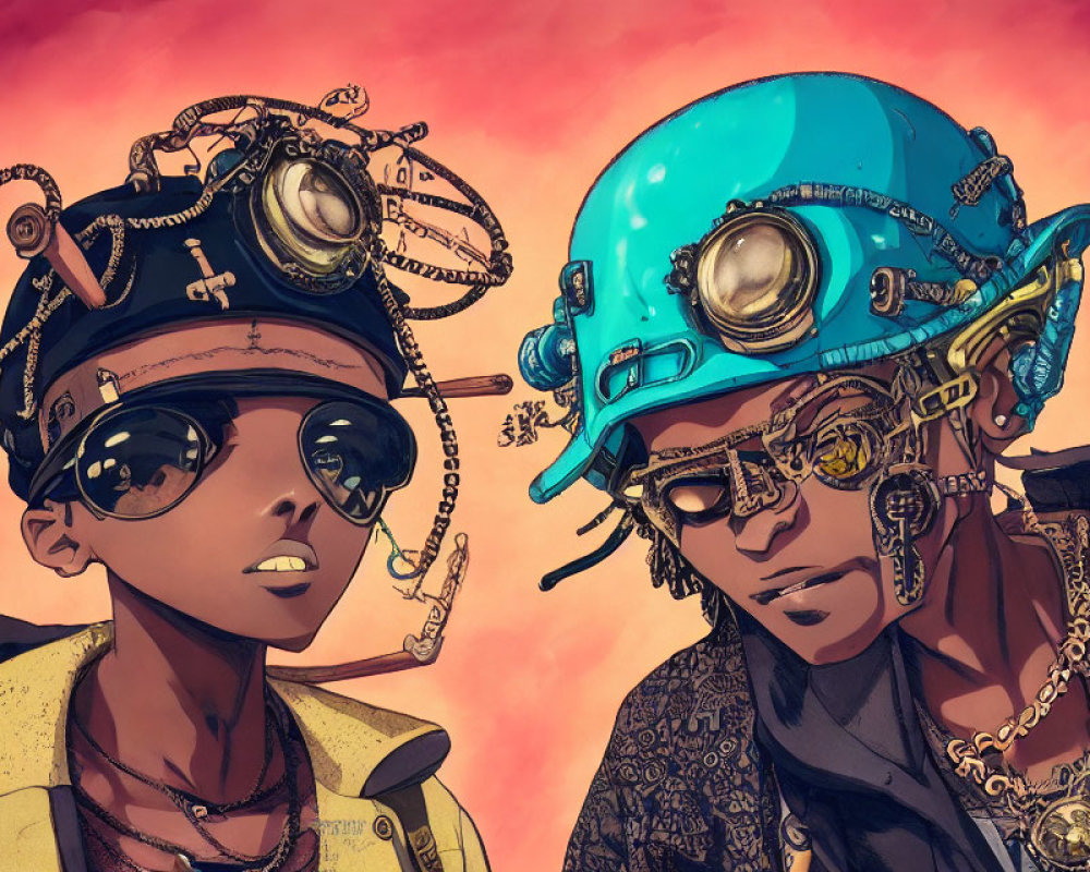 Steampunk-style helmets and goggles in yellow and blue with gears and chains on pink backdrop