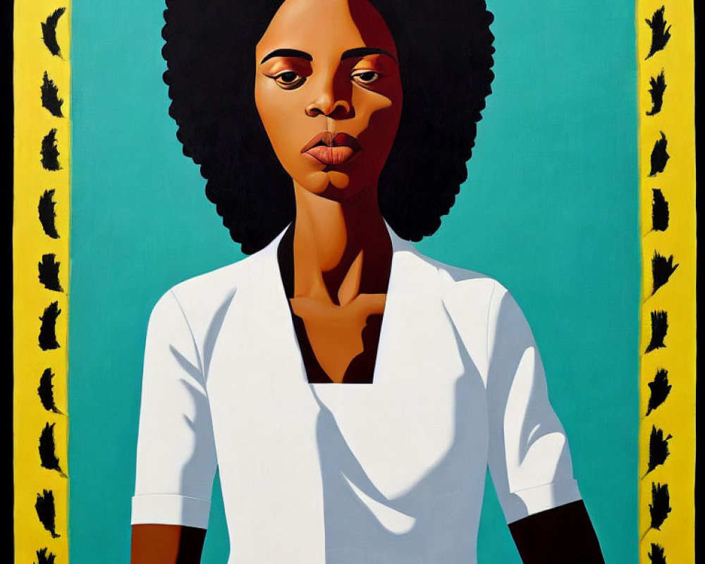 Stylized portrait of woman with afro hairstyle on turquoise background