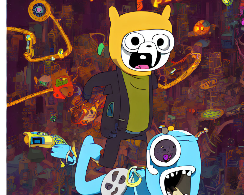 Vibrant illustration: Adventure Time characters in futuristic cityscape
