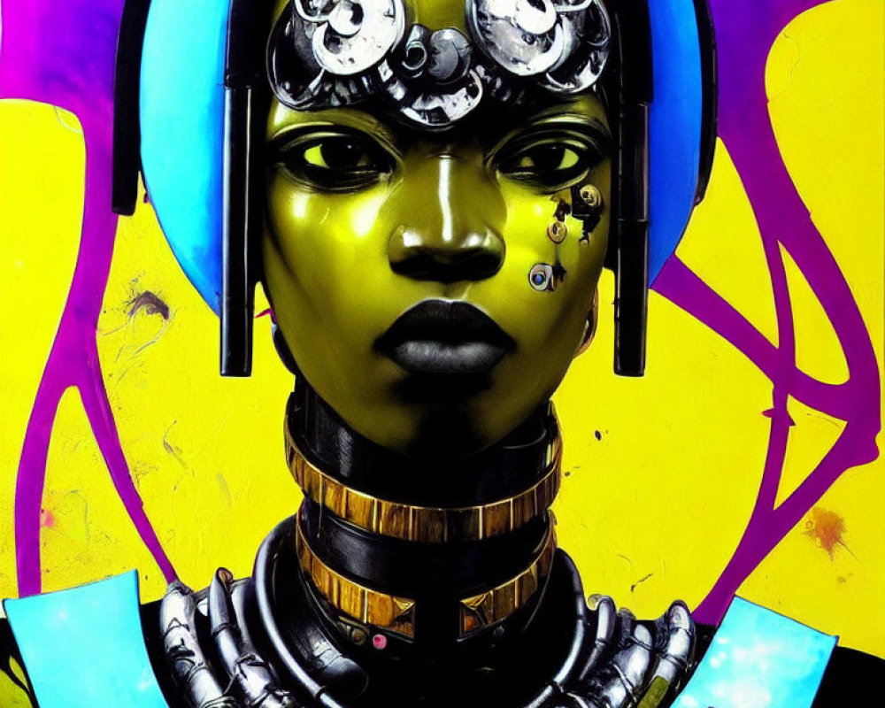 Colorful Stylized Female Figure Artwork with Futuristic Goggles