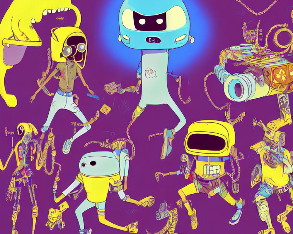 Colorful Illustration with Blue Robot and Animated Characters on Purple Background