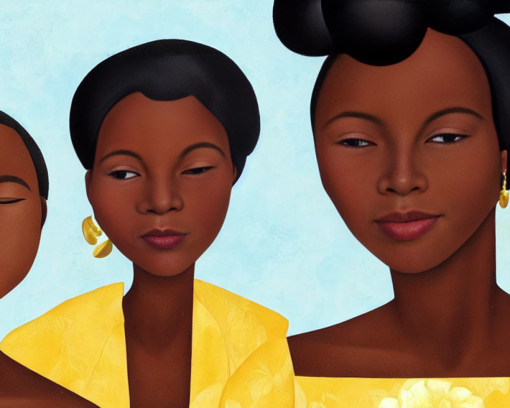 Stylized women with brown skin and elegant hair in yellow garments