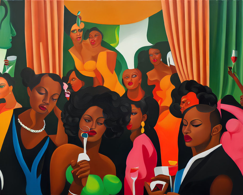 Colorful painting of elegantly dressed women in a vibrant gathering setting.