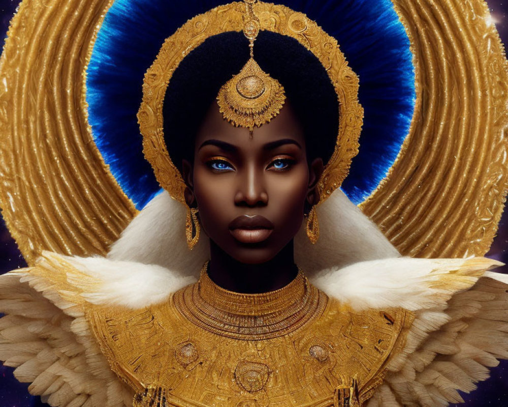 Portrait of Woman with Gold and Blue Headdress, Intricate Necklace, Fur Accents, Starry