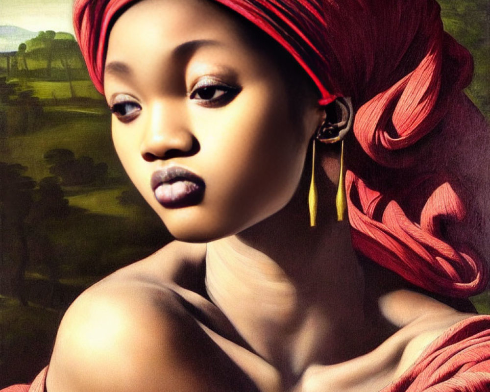 Digital artwork blending classical and modern styles of a woman in red headwrap and gold earring against pastoral