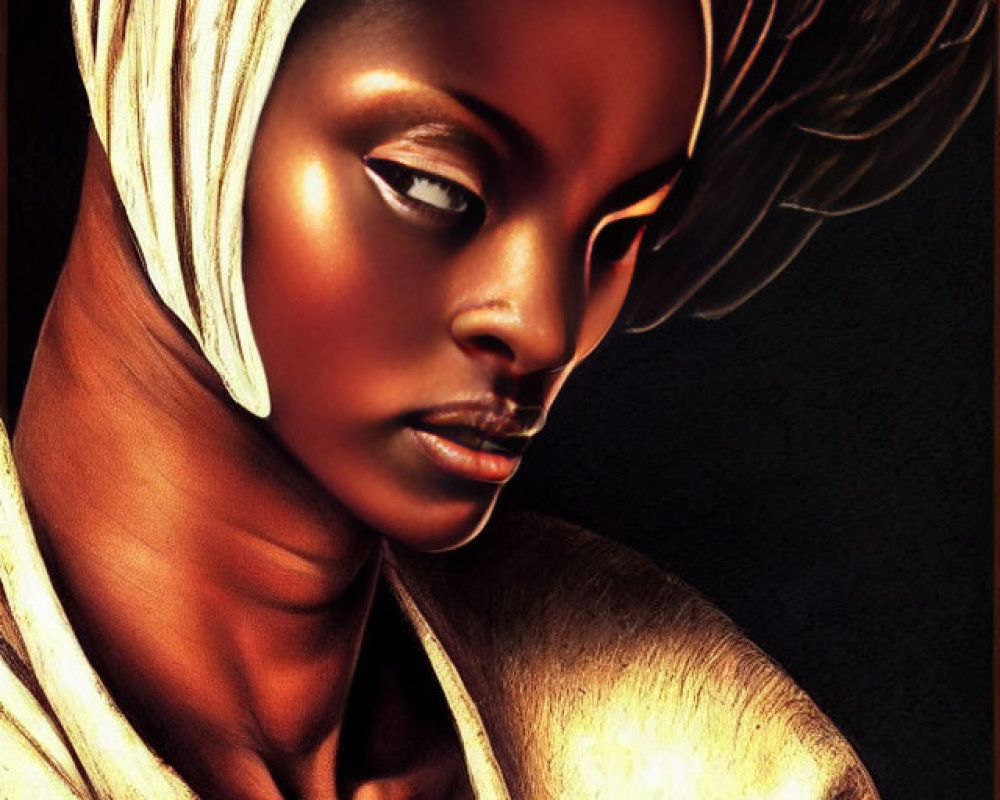 Woman with Headscarf and Winged Shoulder in Golden and Bronze Tones