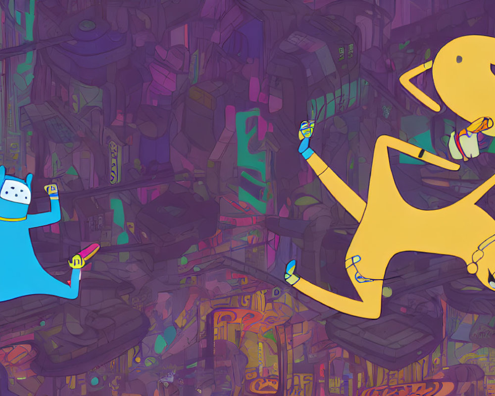 Vibrant cartoon with Finn and Jake in chaotic tech-junk setting