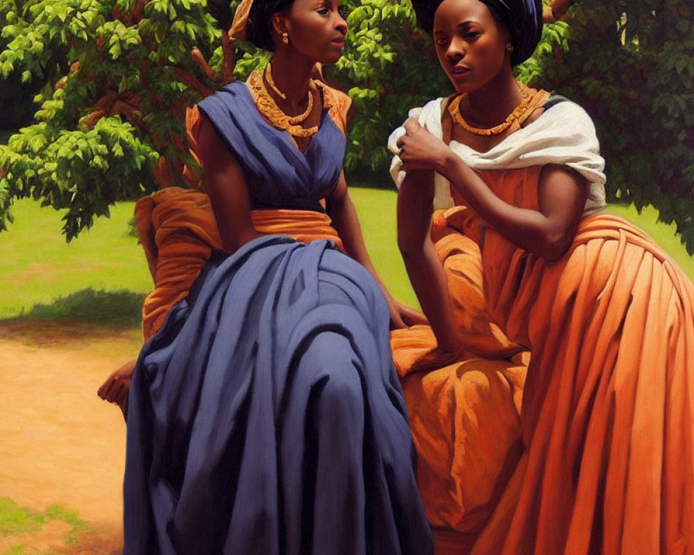 Two women in historical dresses with ruffled collars under a tree.