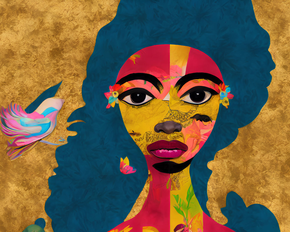 Vibrant woman with face paint and floral elements on textured gold background