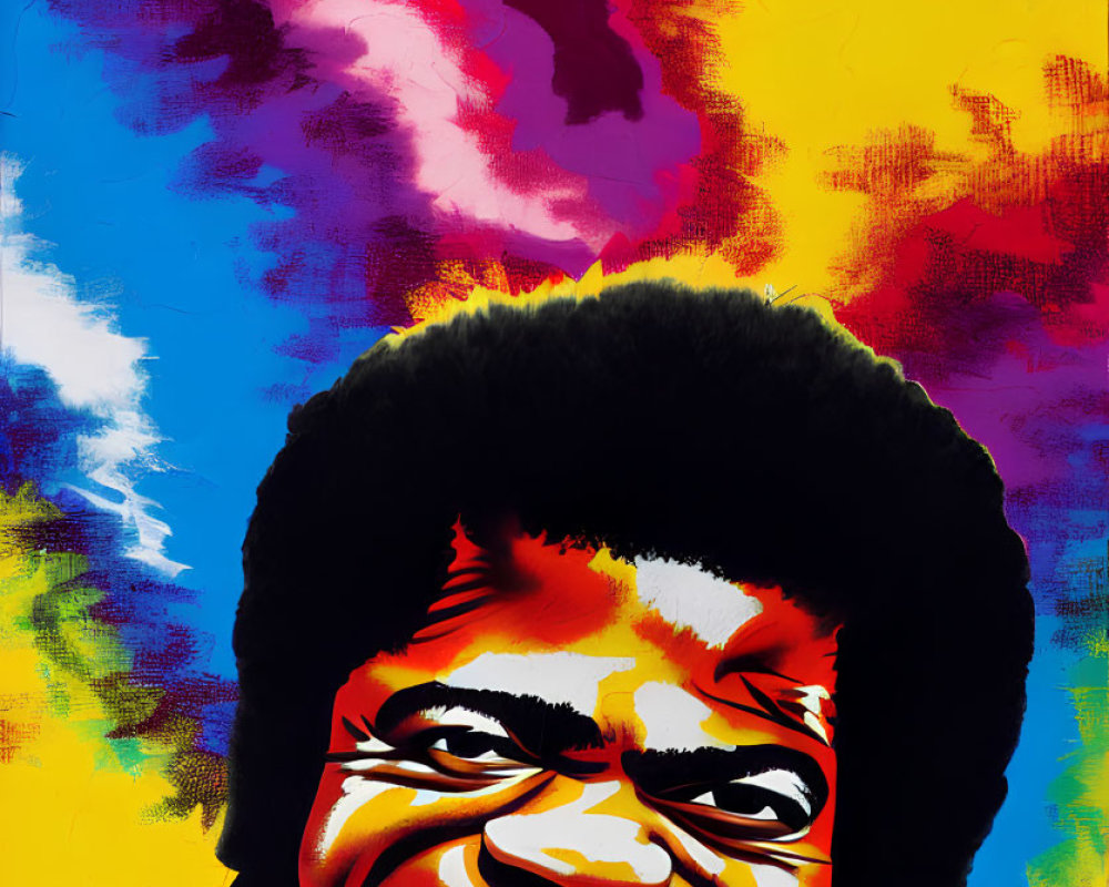 Colorful graffiti artwork featuring smiling man with afro and hat.
