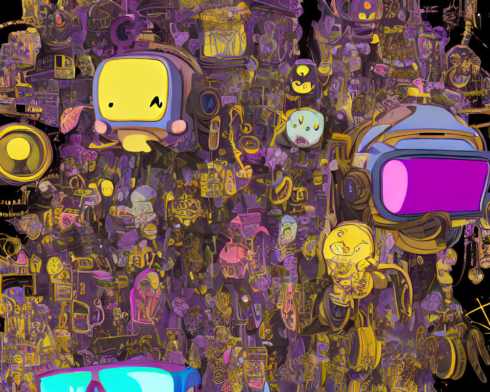 Colorful Stylized Robots and Characters on Dark Background