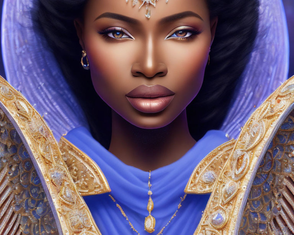 Regal woman with striking makeup and gold headpiece on blue background
