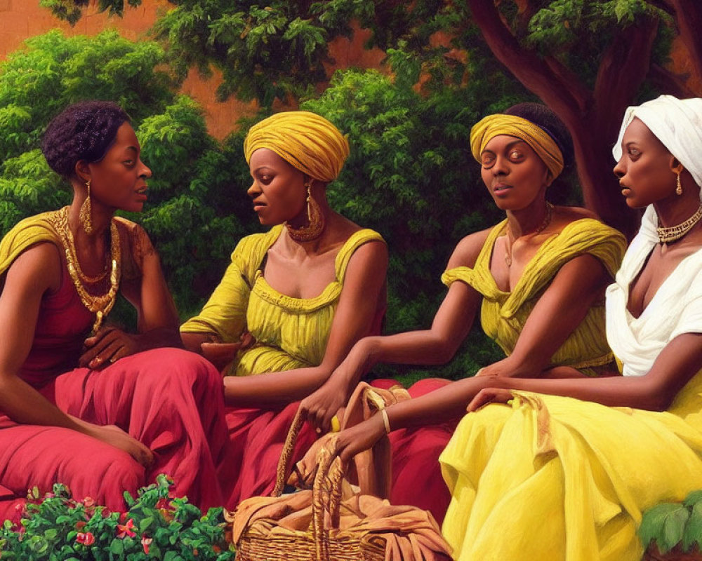 Four Women in Vibrant Traditional African Attire Talking in Lush Surroundings