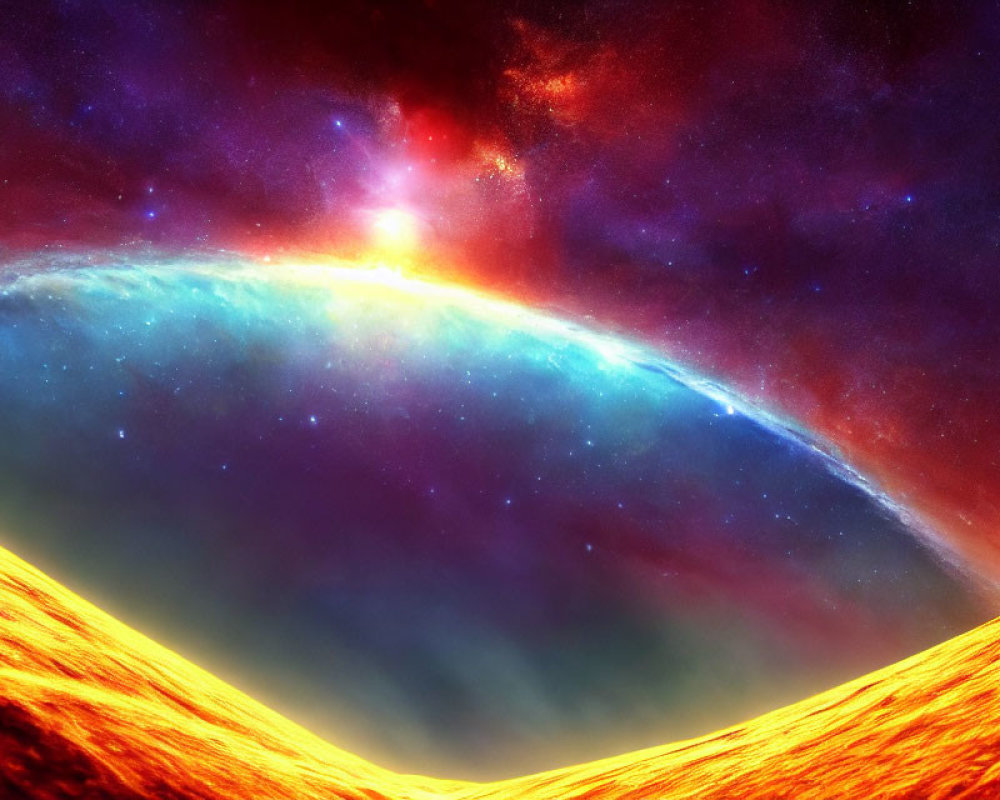 Vibrant cosmic scene with star illuminating celestial body's horizon