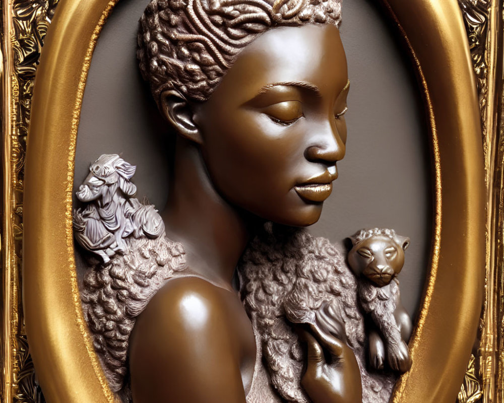 Bronze bas-relief sculpture of a woman with intricate hair texture in ornate oval frame