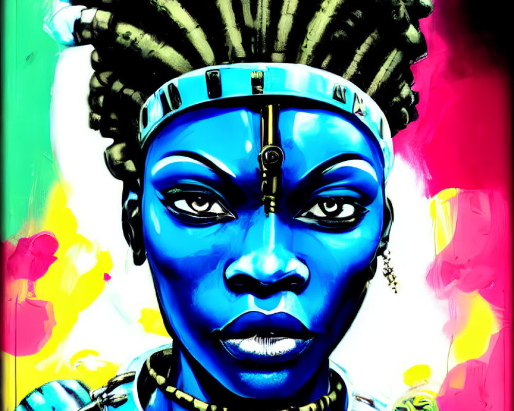 Colorful digital art: woman with African headgear and blue skin on abstract background