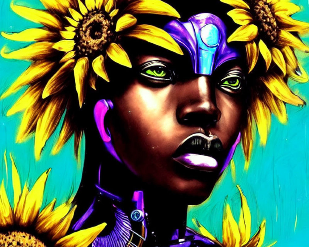 Person with Sunflower Adornments and Purple Cyborg Enhancements on Blue Background